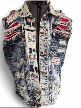 Men's Distressed Acid-Wash Denim Vest with Red Accents